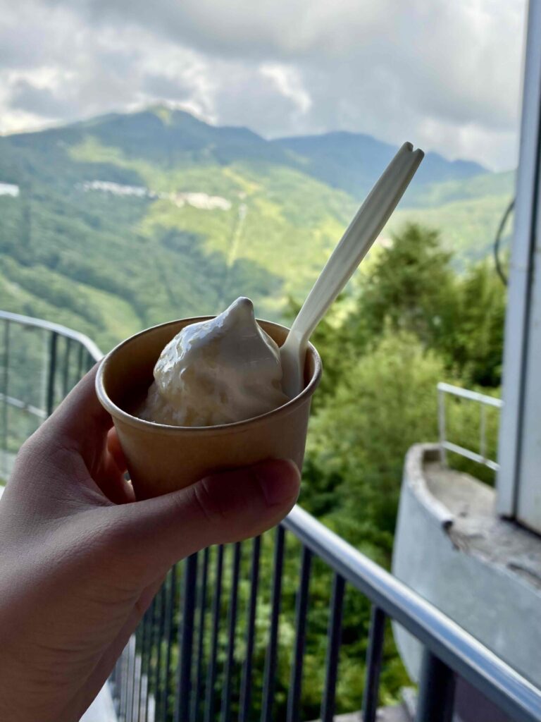 桃シロップがかかったカップのアイスクリームと山