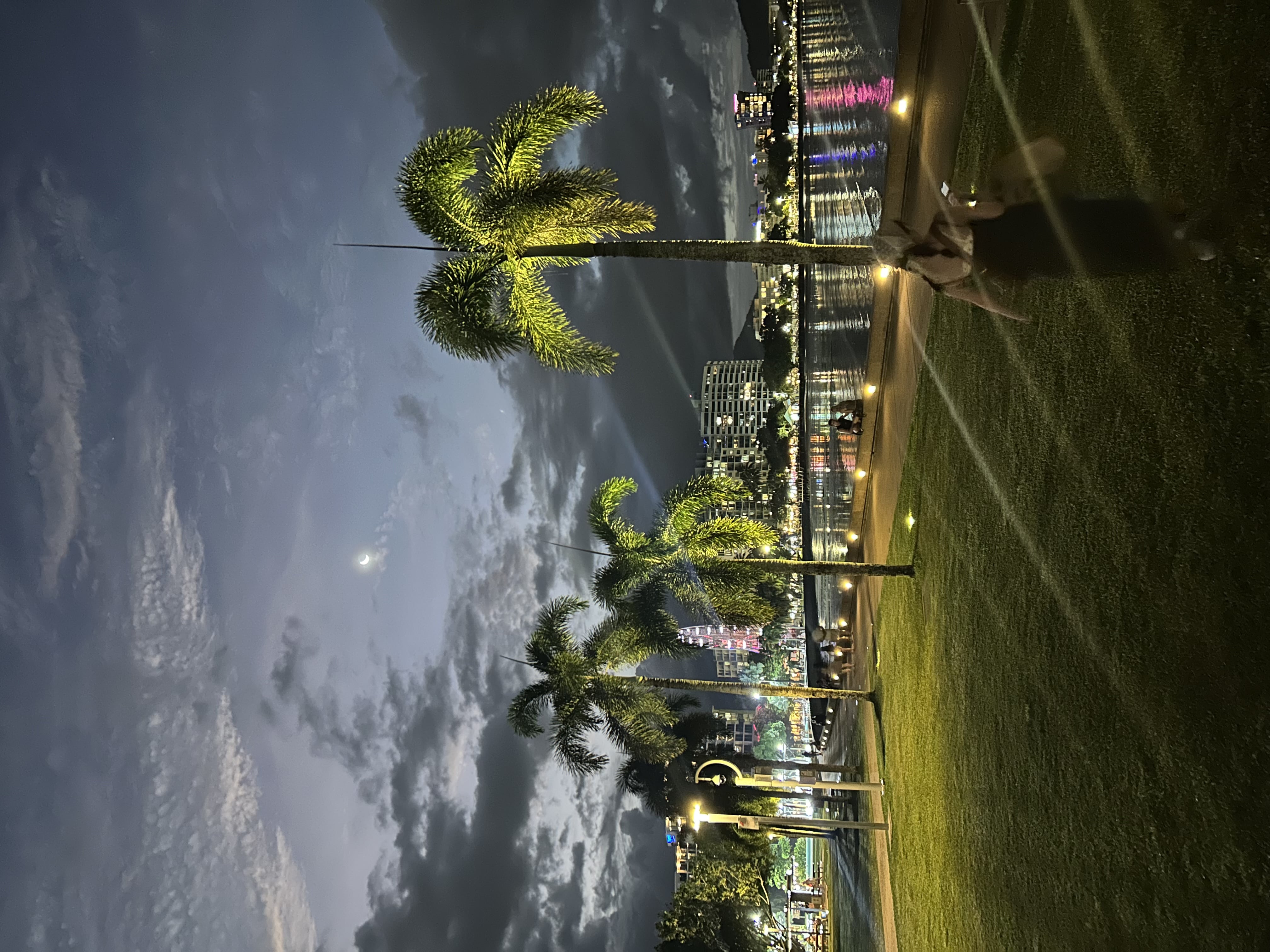 夜のビーチの写真。海に光が反射している。