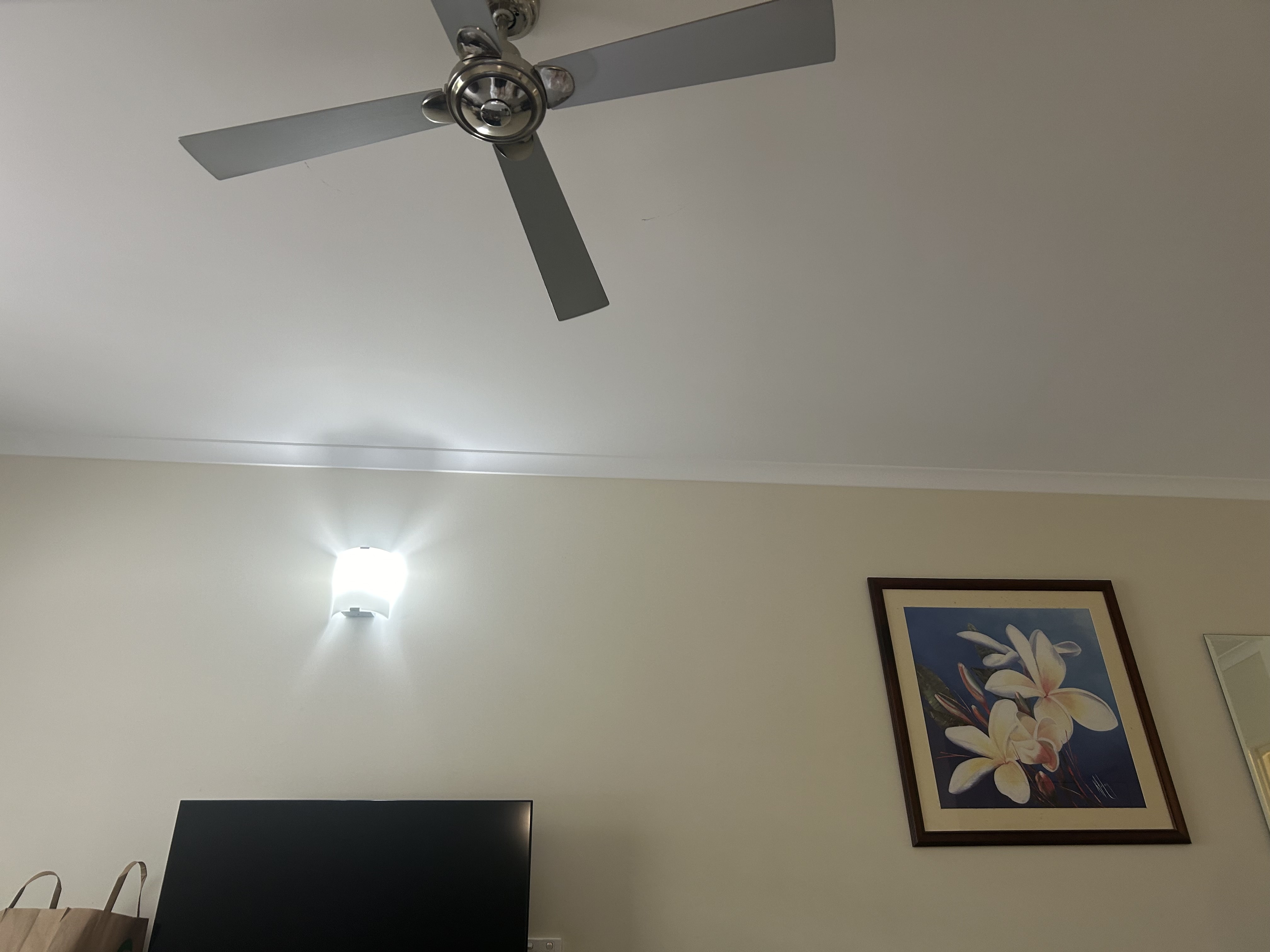 ホテルの内装。壁には花の絵が飾ってある。