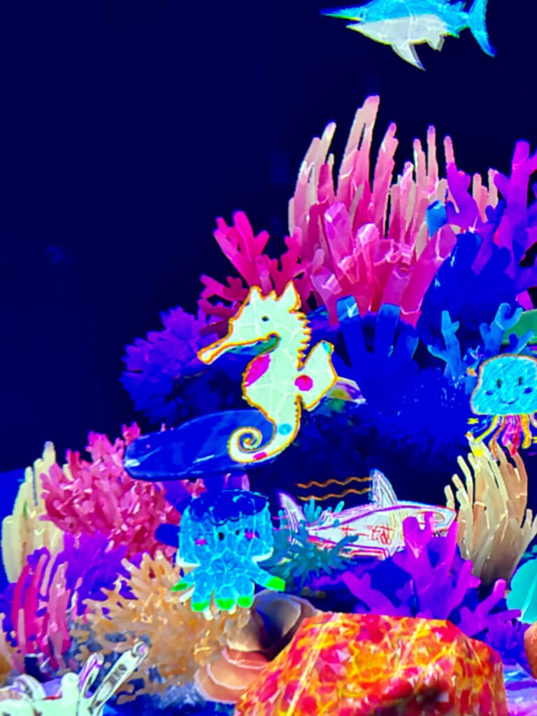 描いた魚がスクリーンに映される