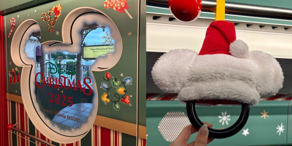 ディズニーリゾートラインのクリスマスライナーの窓とつり革