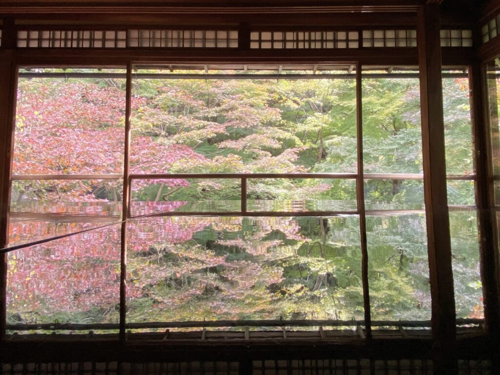 瑠璃光院の書経机に反射する紅葉