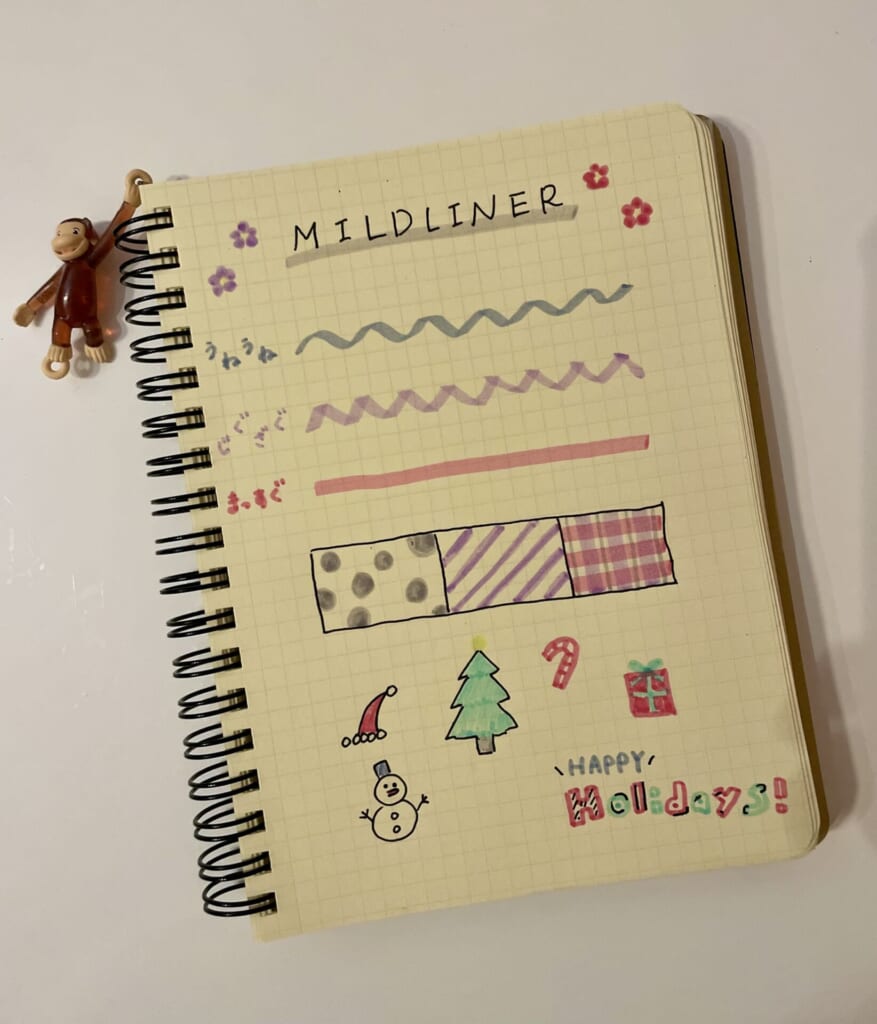 マイルドライナーを使って描いた絵や線がかかれたノート