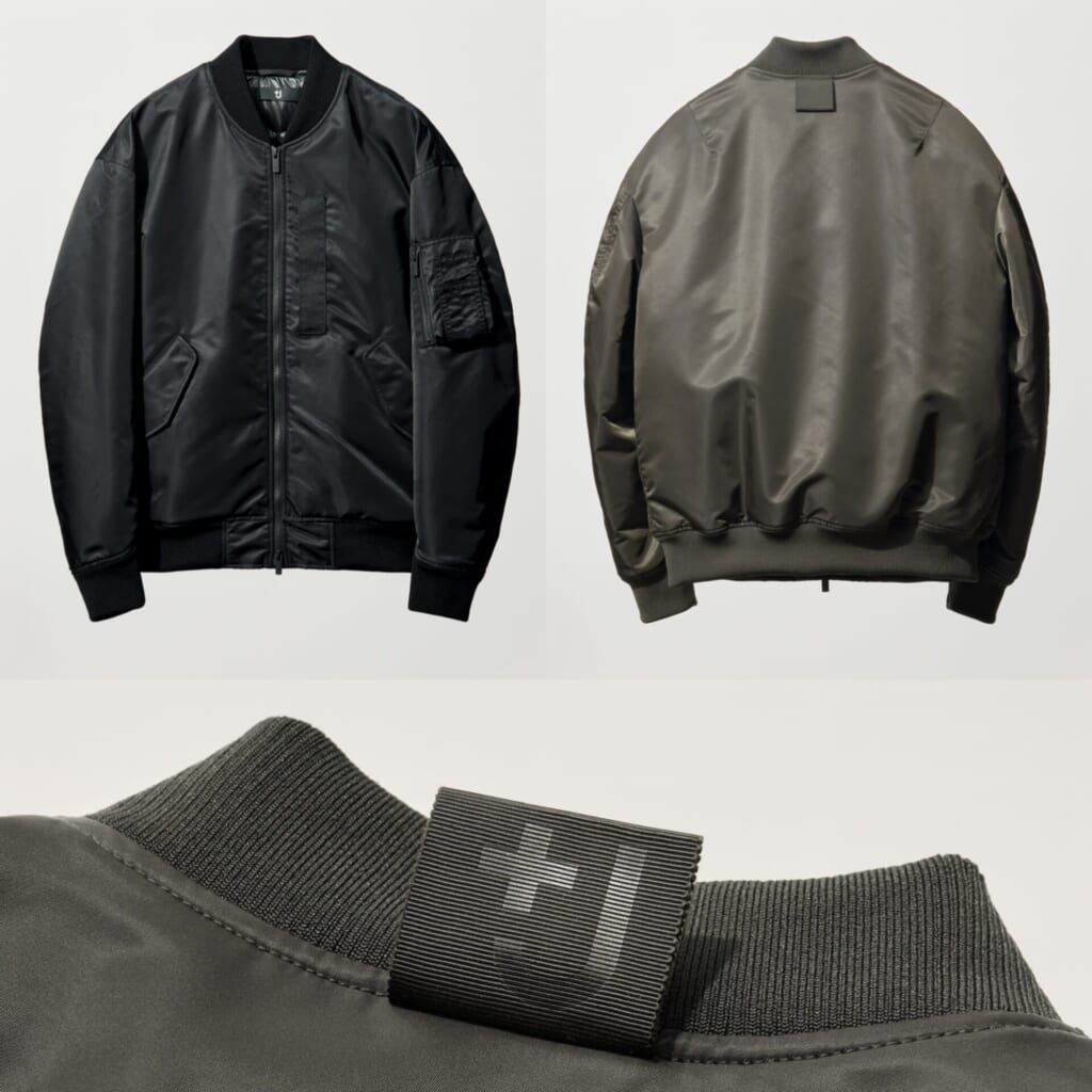 ユニクロ+JのハイブリッドダウンオーバーサイズMA-1のカラバリと襟のロゴ