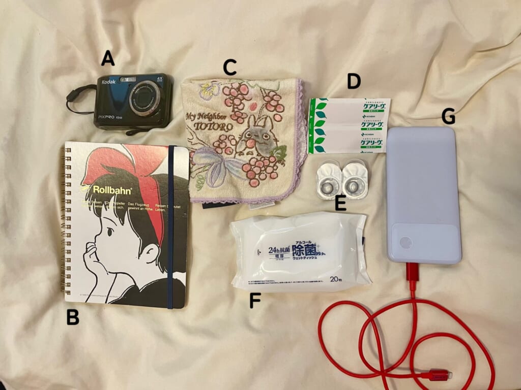 AからGまでの持ち物を並べている