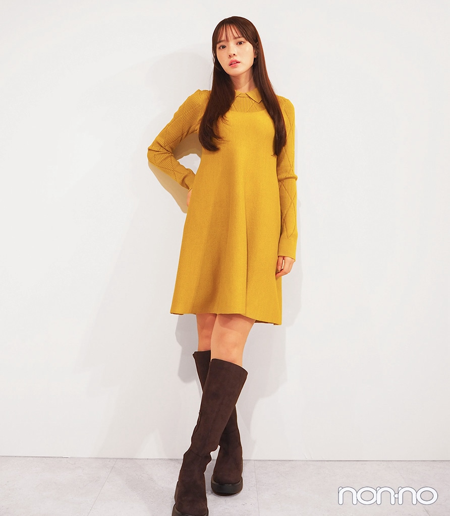 「2ピースニットミニワンピース by rokh」カラー: 47 YELLOW着用画像