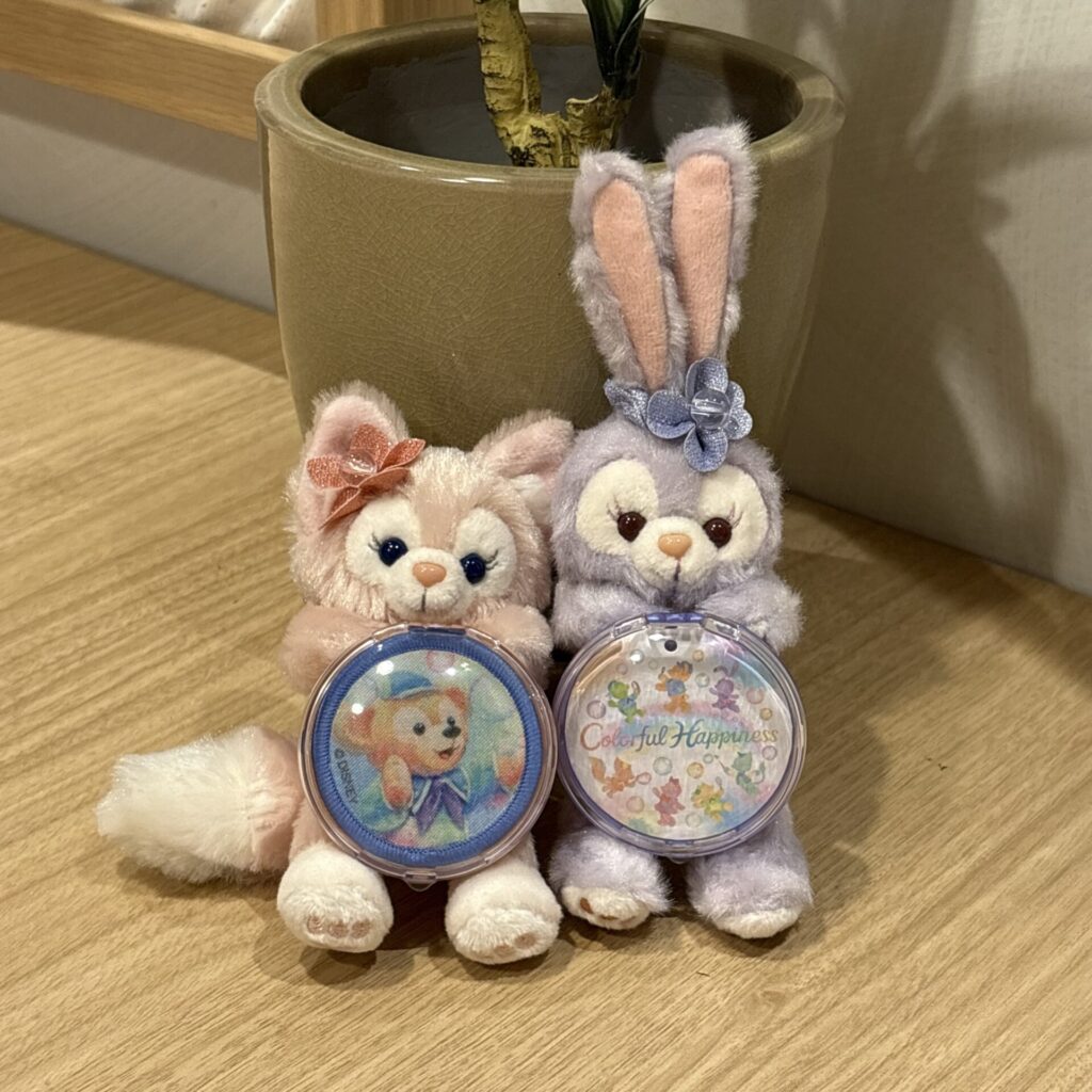 ぬいぐるみチャーム（カラフルハピネス）のカプセル部分に別売りのワッペンと本商品のタグをそれぞれ入れた写真