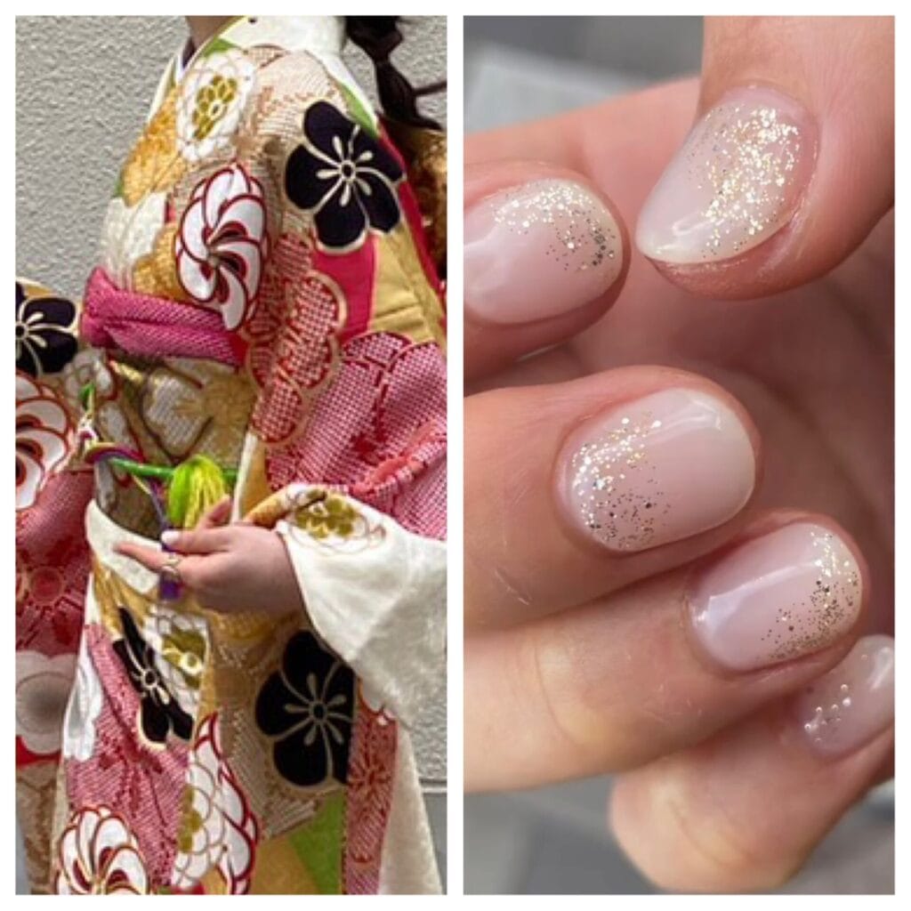 振袖を着た成人式ネイルの手元　白ベースにラメをつけたセルフネイルのデザイン