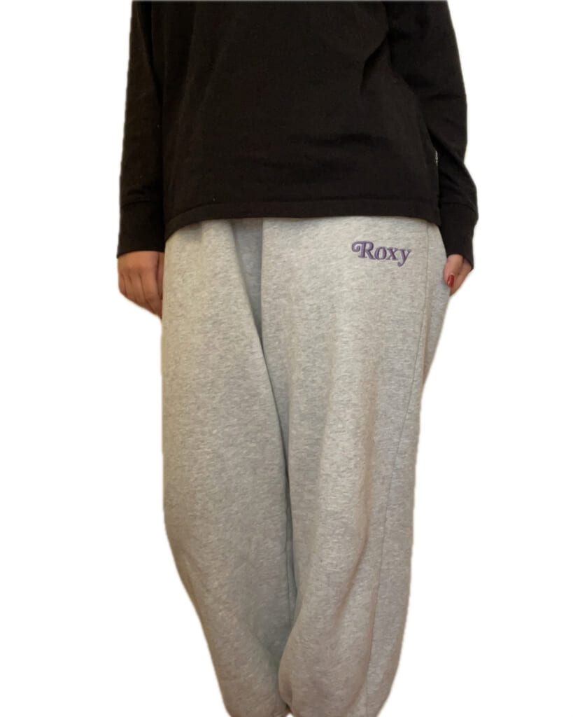 グレーのスウェット着用。ROXYの文字入り。