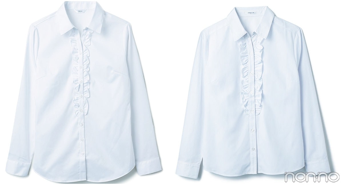 大学入学式の女性のスーツにおすすめの白のフリルブラウス　洋服の青山（&ress）とハニーズ