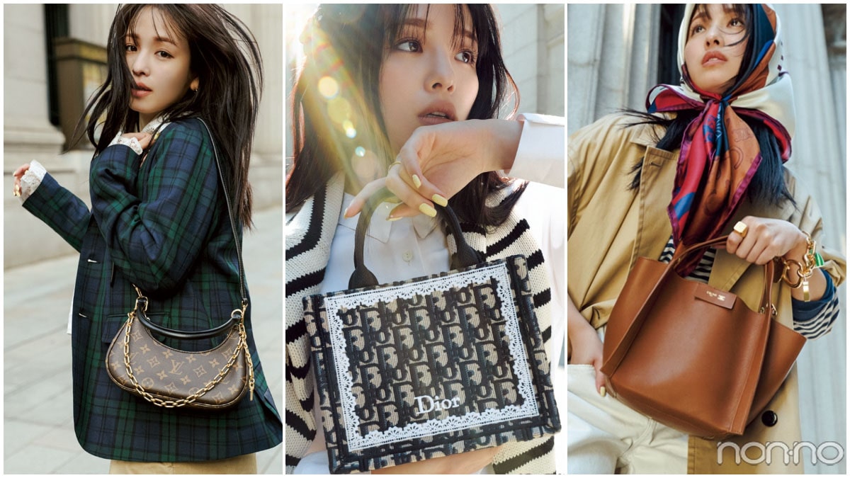 新作のハイブランドミニバッグを持つモデル