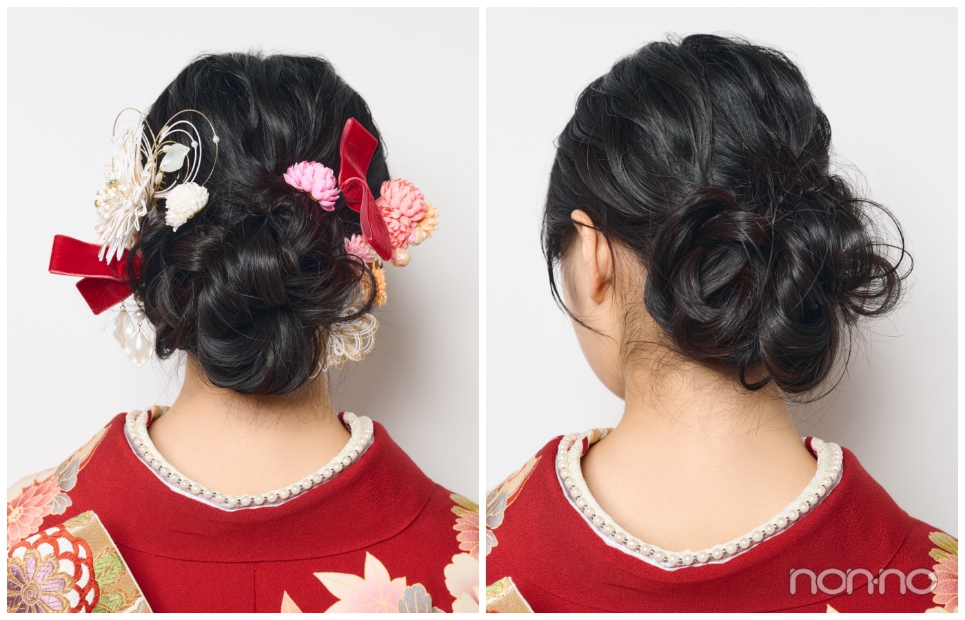 シニョンヘアの後ろ姿　成人式ロングヘアアレンジ