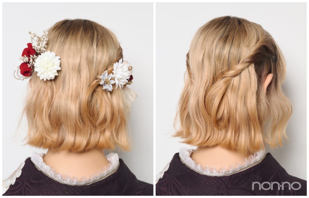 ゆる巻きハーフアップに赤い髪飾りをつけた後ろ姿