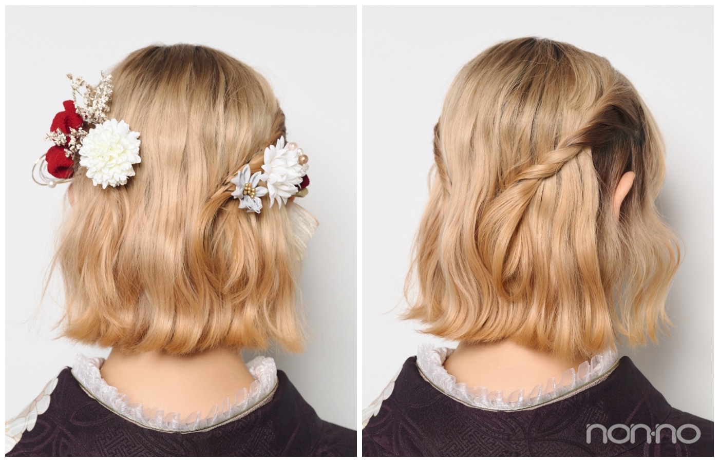 ゆる巻きハーフアップに赤い髪飾りをつけた後ろ姿　ボブの成人式ヘアスタイル