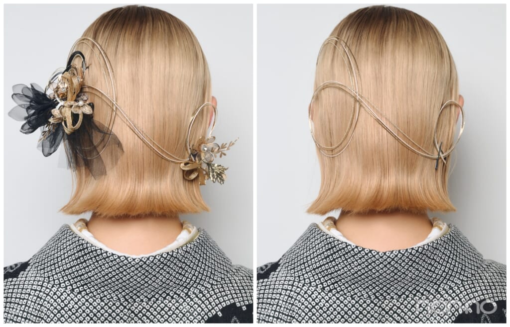 タイトな外ハネヘアに黒いヘア飾りを片側につけた後ろ姿