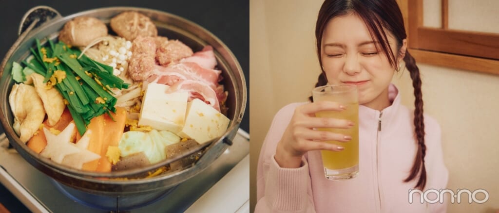 ちゃんこ鍋と、緑茶ハイを飲む紺野彩夏