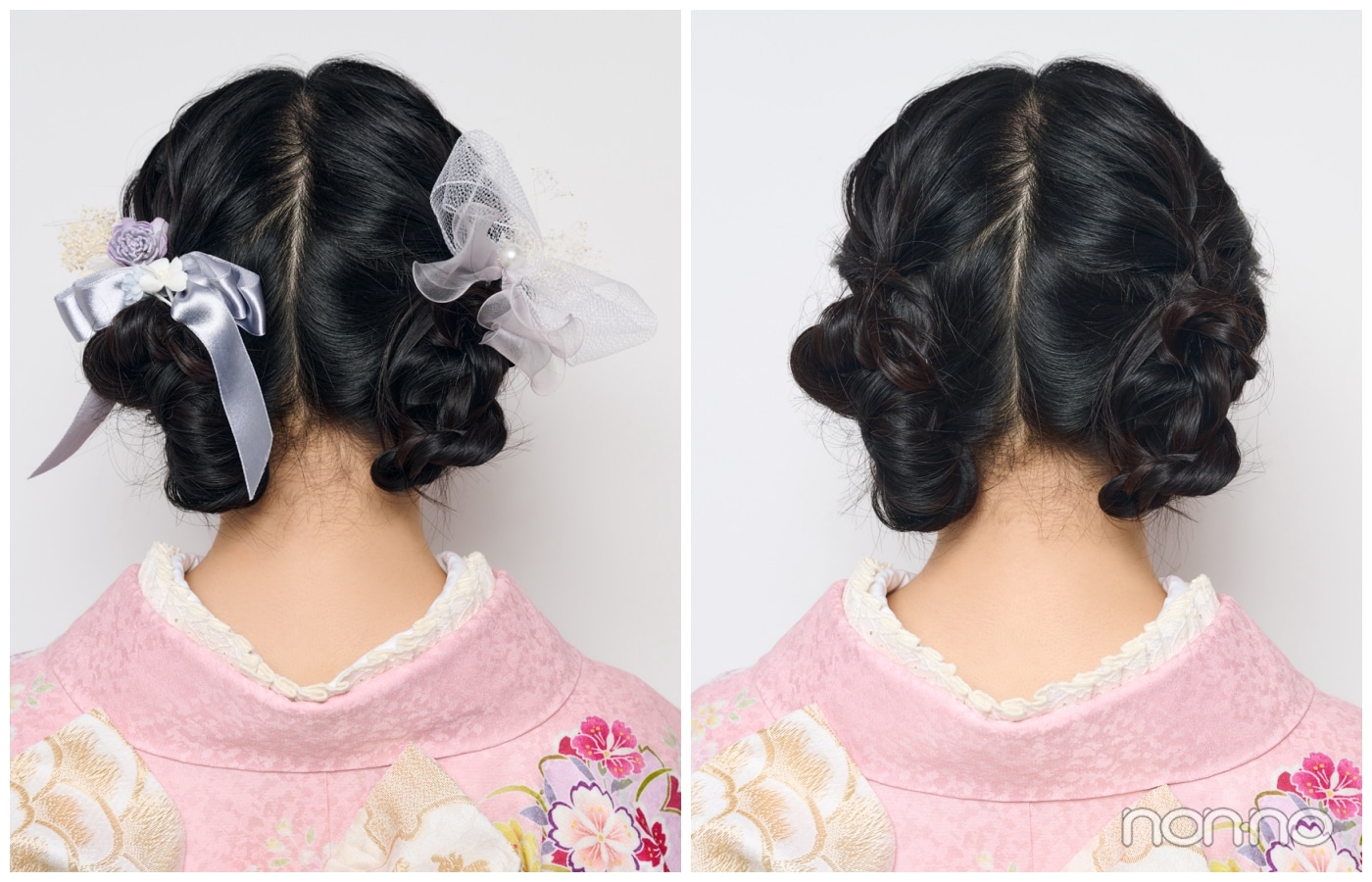 ツインお団子にリボンと２種類飾った後ろ姿　成人式ロングヘアアレンジ　