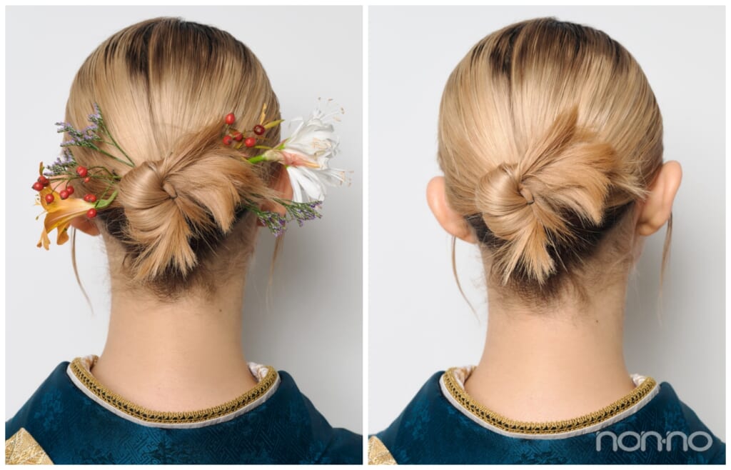 タイトおだんごに生花を飾った後ろ姿