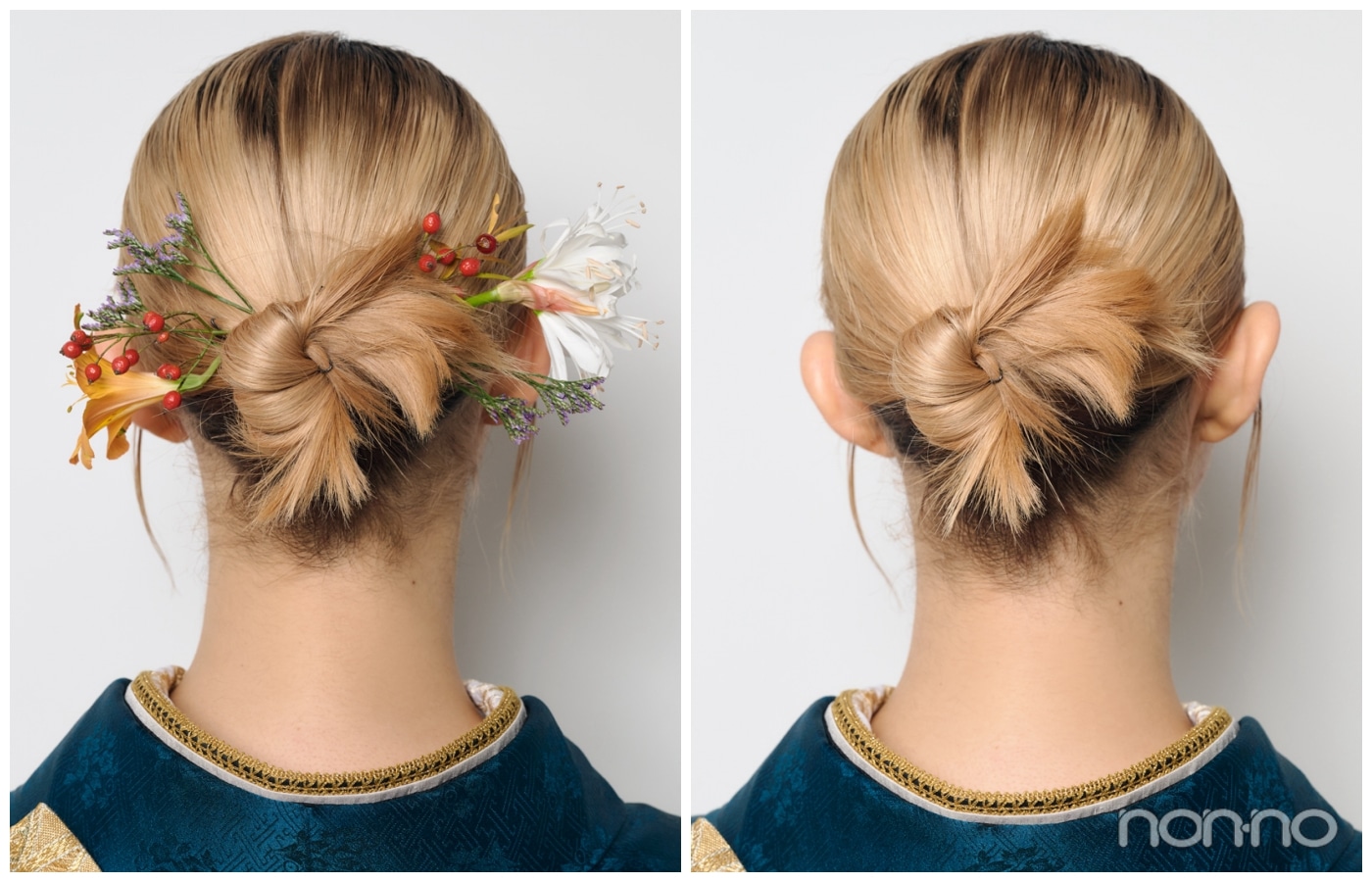 タイトおだんごに生花を飾った後ろ姿　ボブの成人式ヘアスタイル