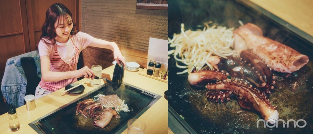 鉄板でイカを焼く佐藤和奏と鉄板に乗ったイカのアップ
