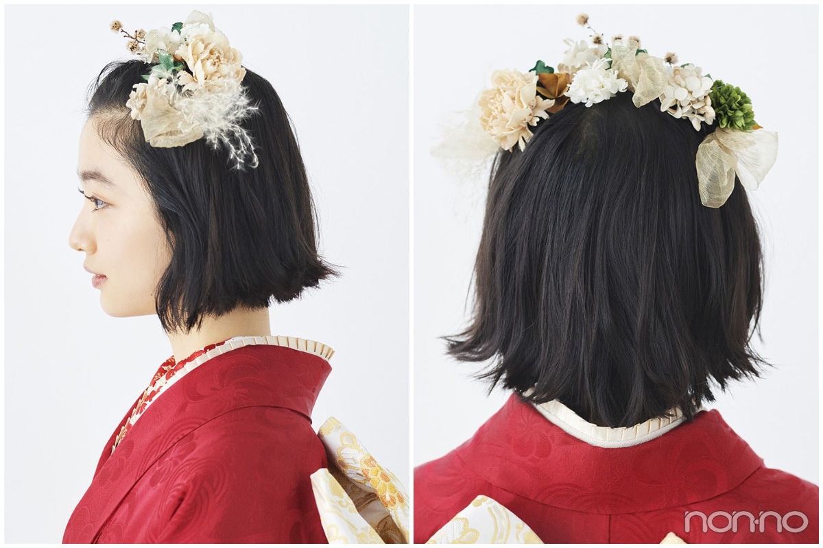 ボブの成人式ヘアスタイル　黒髪ダウンスタイルのサイドと後ろ姿