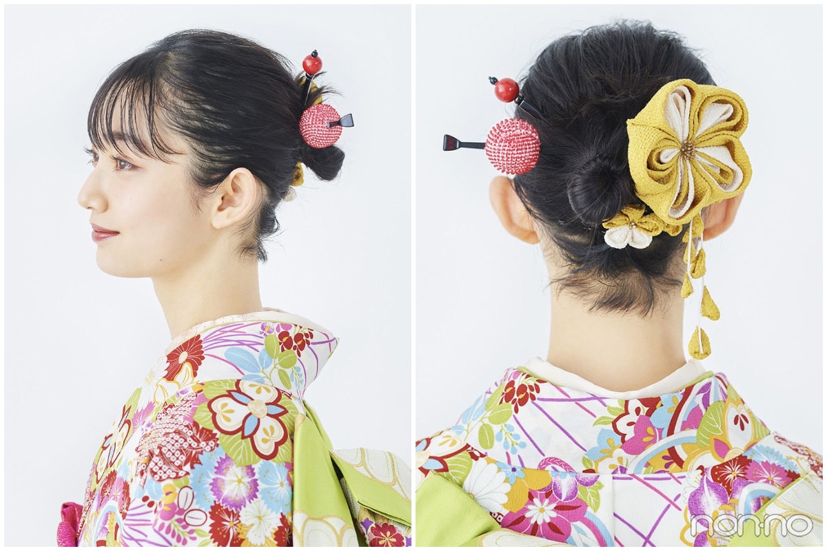 ボブの成人式ヘアスタイル　お団子ヘアのサイドと後ろ姿