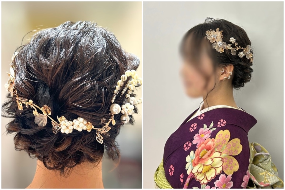 大学生のボブの成人式ヘアスタイル　まとめ髪の後ろ姿アップと横顔