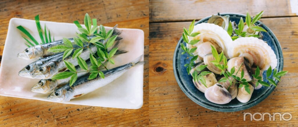 皿に盛られたイワシ、貝の盛り合わせ