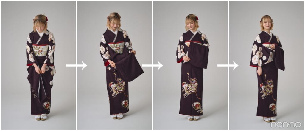 ブラウンの振袖を着た小宮山莉渚、振袖の袖を揃え、折りたたみ片手にかけて歩く動作