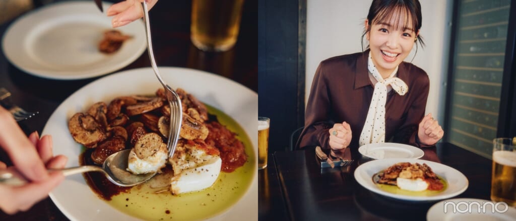 マッシュルームとトマトとブッラータのサラダの寄り写真と、横田真悠