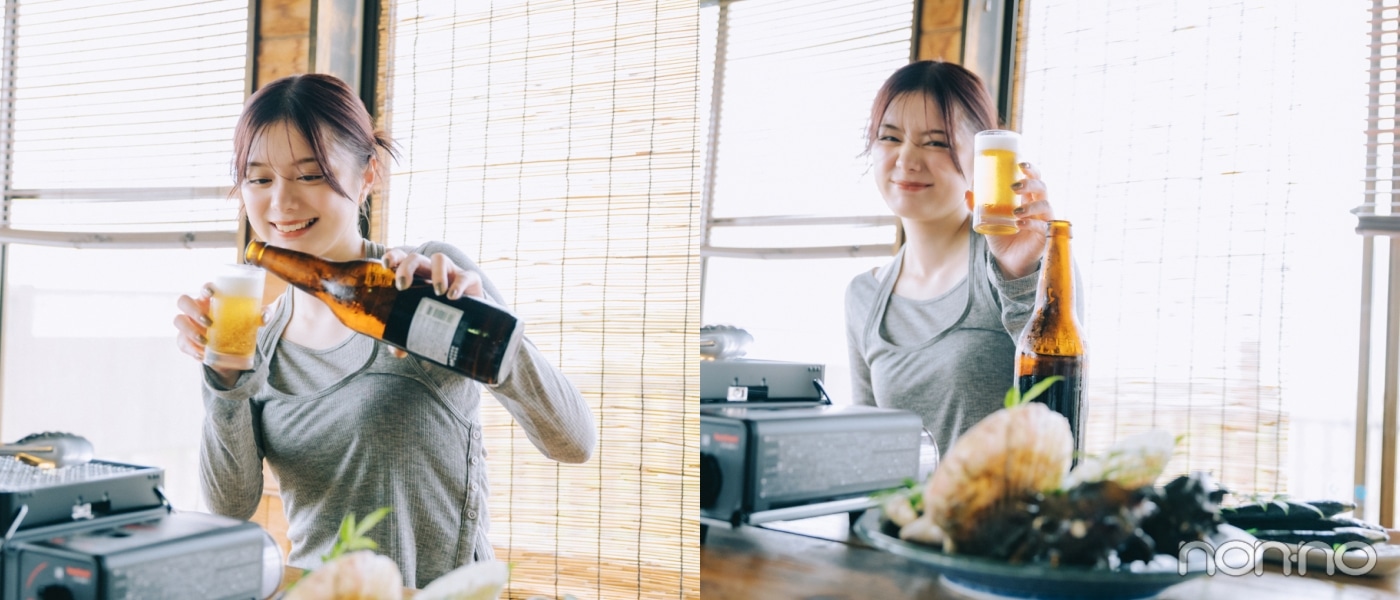 ビールをつぐ紺野彩夏と、ビール片手に笑う紺野彩夏