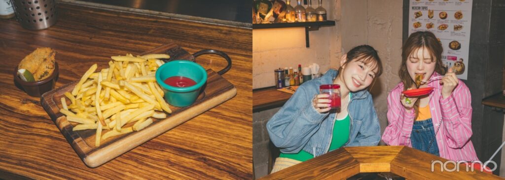 ポテトの写真とご飯を食べる紺野彩夏と岡本夏美