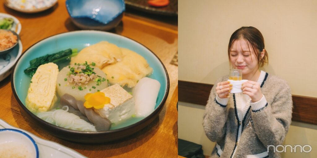 大皿に盛られたおでんと焼酎を飲む紺野彩夏