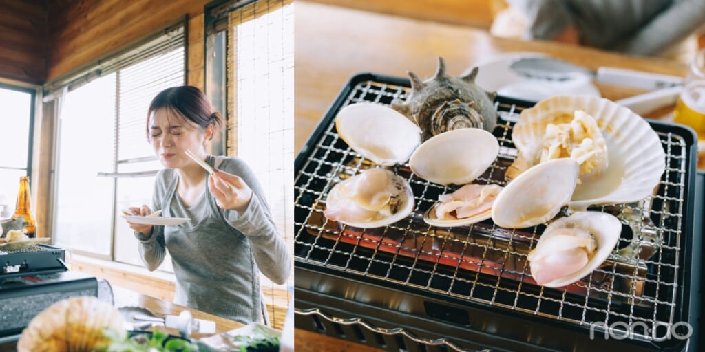 左から貝を食べて目を瞑る紺野彩夏、コンロの上で開いた貝