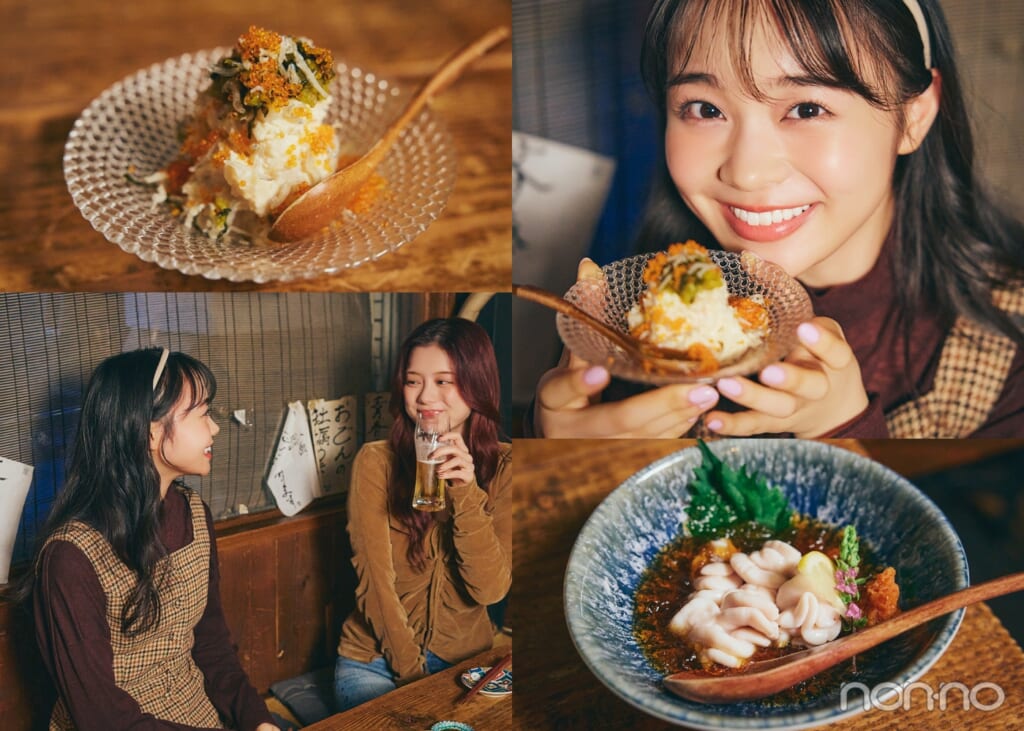 ポテトサラダを持つ林芽亜里、紺野彩夏と話す林芽亜里