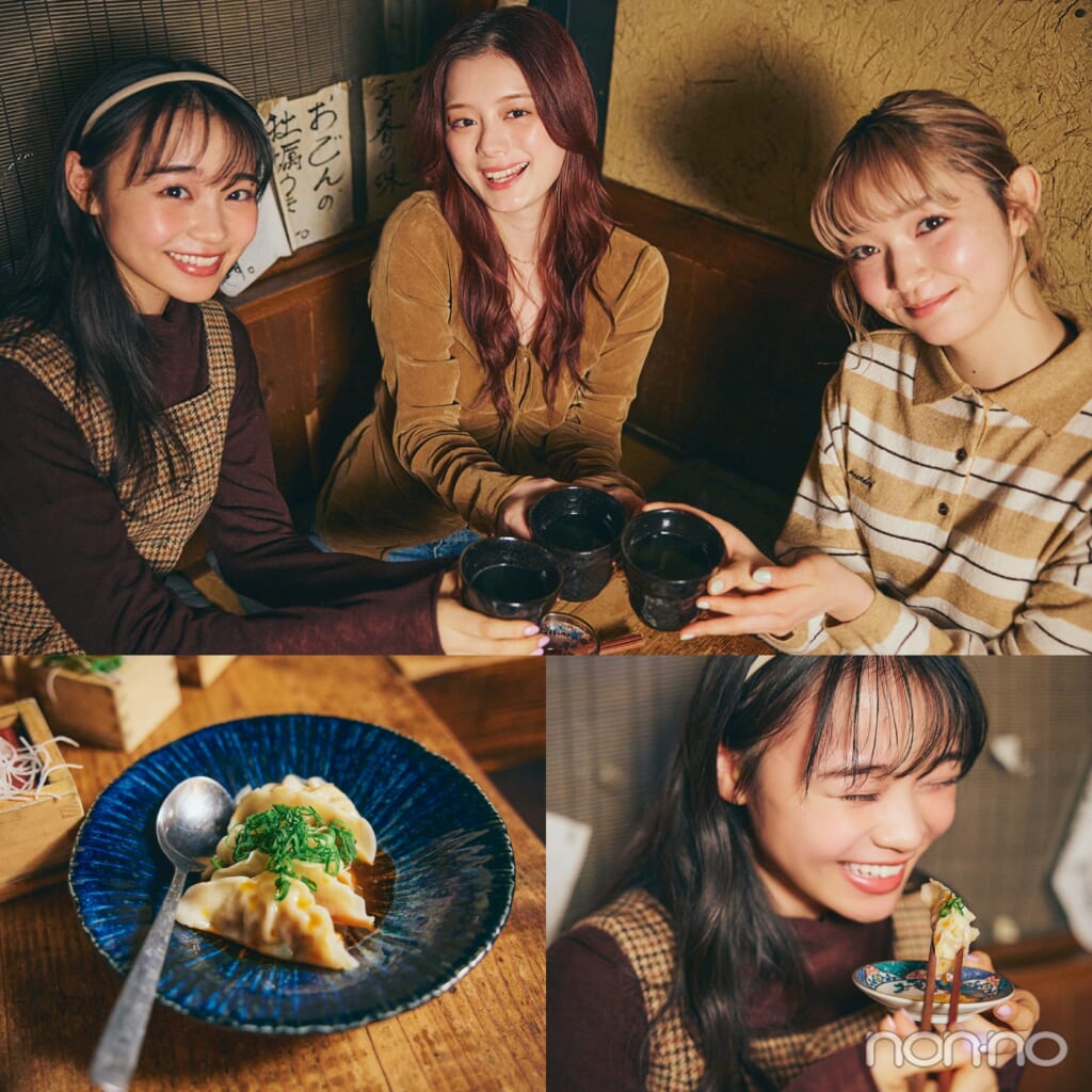 お茶割りを持って乾杯する小宮山莉渚、紺野彩夏、林芽亜里