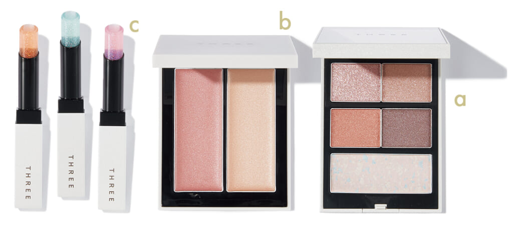 THREE【スリー】a ホリデーコレクション パレット 2025￥8250　b シマリング グロー デュオ R X01￥4950　c グリタリングジェリーリップ（右から）X02・X03・X01（各）￥4290