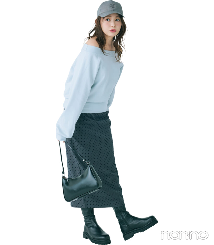 【春コーデ】ドット柄スカート×オフショルトップス