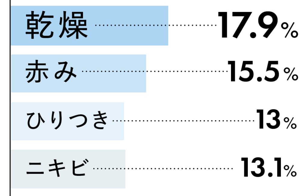乾燥 17.9%
赤み 15.5%
ひりつき 13%
ニキビ 13.1%
