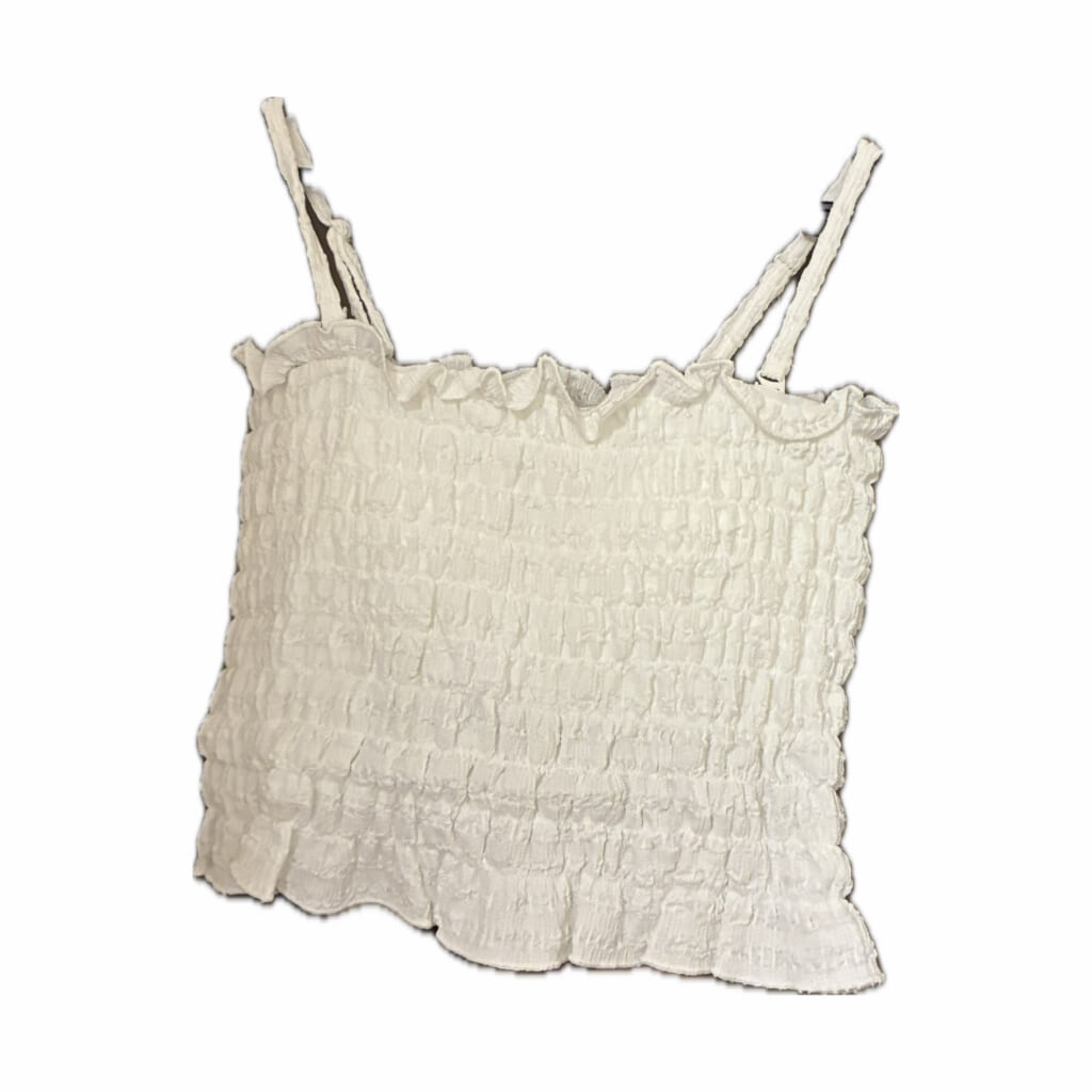 カップ付きシャーリングフリルキャミソール、カラー：オフホワイト、サイズ：L、価格：500円