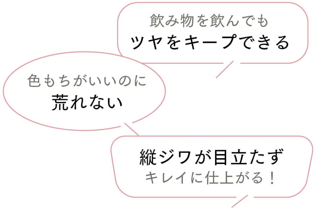 飲み物を飲んでもツヤをキープできる　色もちがいいのに荒れない　縦ジワが目立たずキレイに仕上がる！