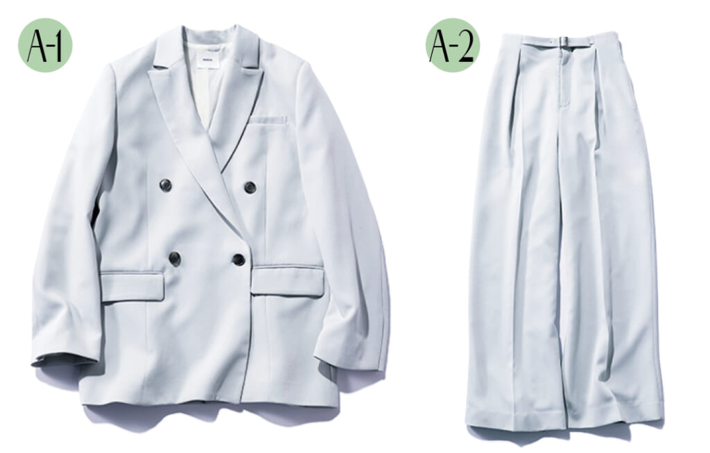 ジャケット（共地ベルトつき）￥13970・パンツ￥9460／MURUA