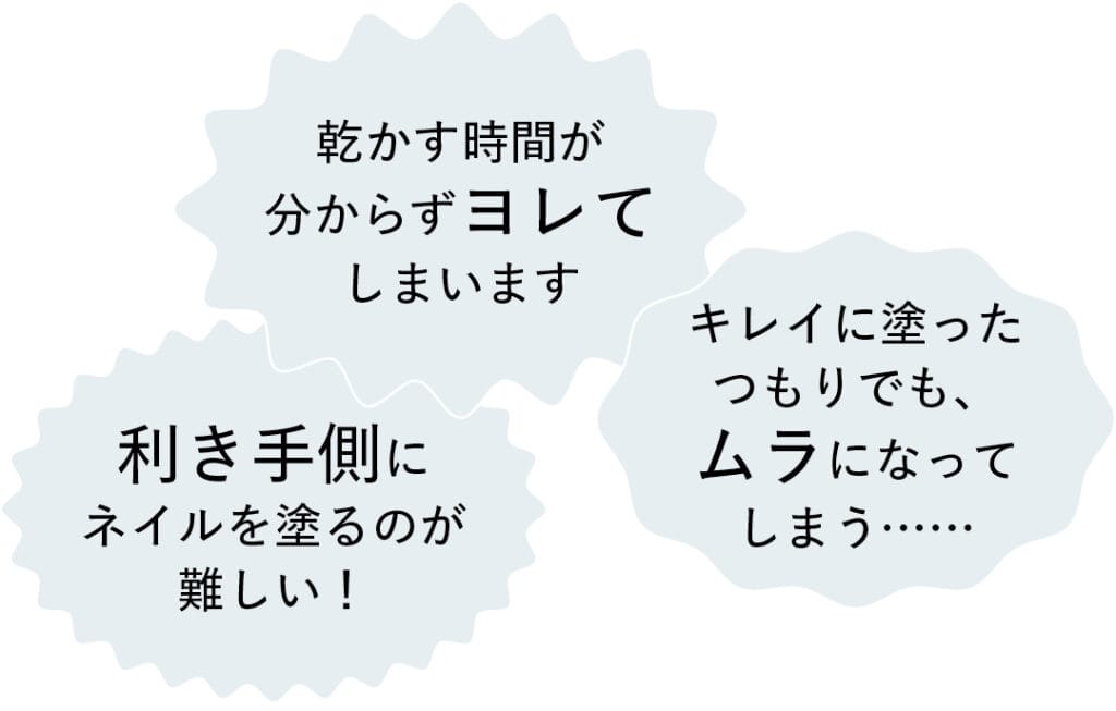 乾かす時間が分からずヨレてしまいます
キレイに塗ったつもりでも、ムラになってしまう……
利き手側にネイルを塗るのが難しい!