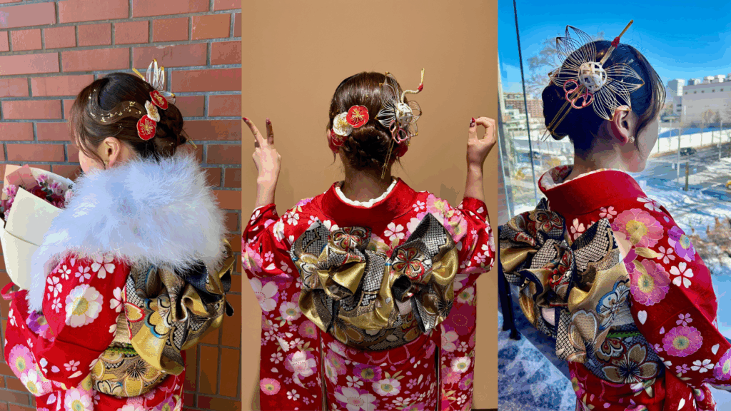 大学生の成人式ロングヘアアレンジ　編み込みシニヨンの後ろ姿