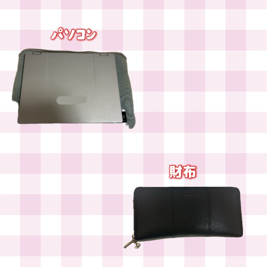 バッグの中身一覧➡パソコン、財布、ペンポーチ、グミ、クリアファイル、ノート、スケジュール帳