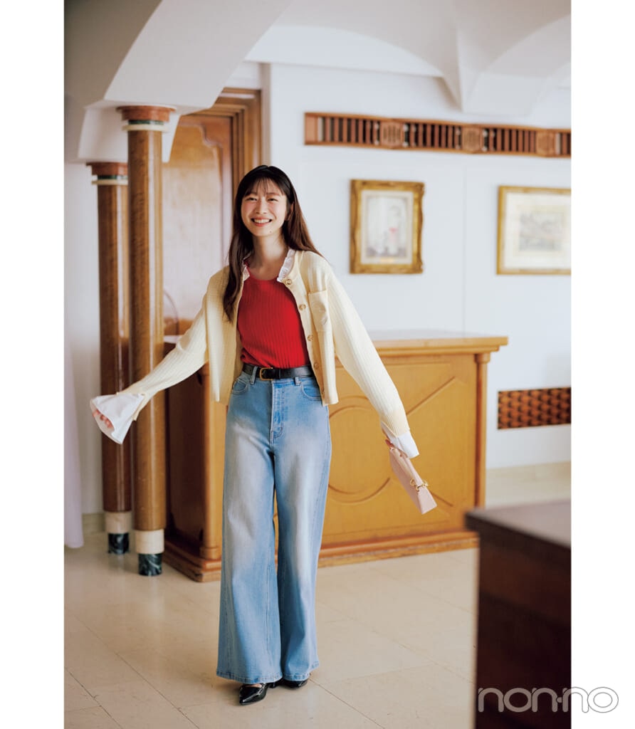 岡本夏美の衿＆袖ドッキングカーデの印象チェンジテク2