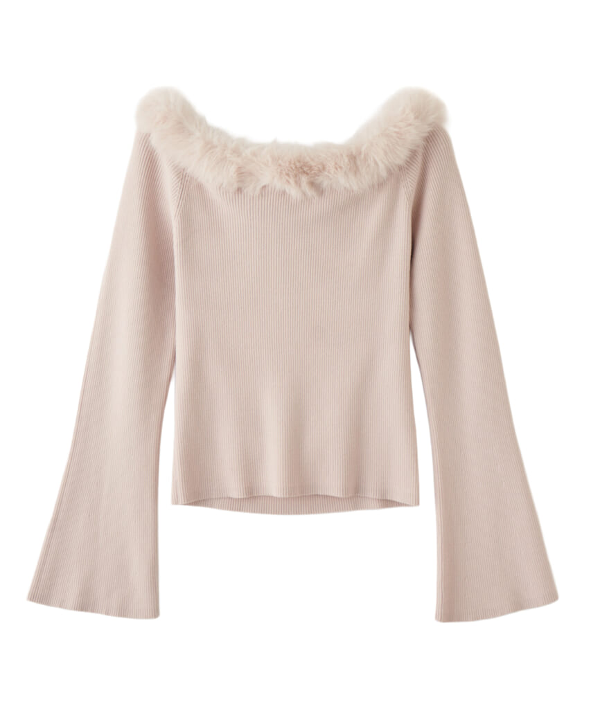 リリアン カラットのピンクのファーつきオフショルニット