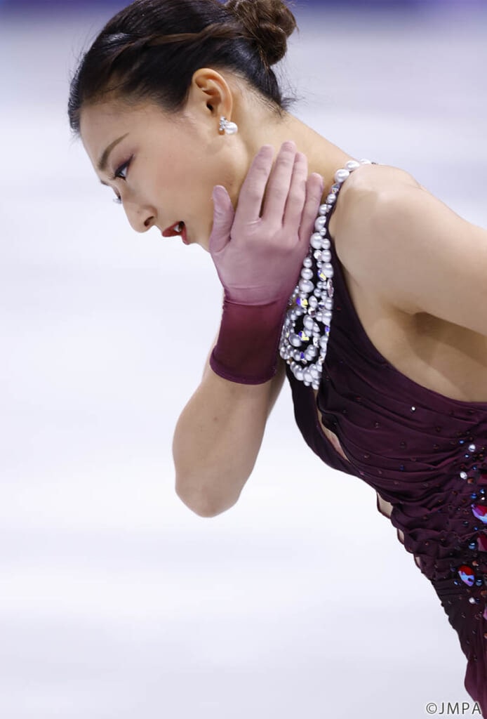 坂本花織。ミラノ五輪フィギュア団体戦フリー演技中の表情