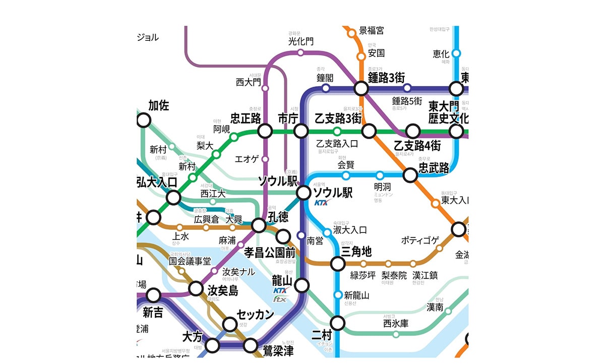 韓国旅行におすすめのSubway画面 ソウル駅周辺の路線図