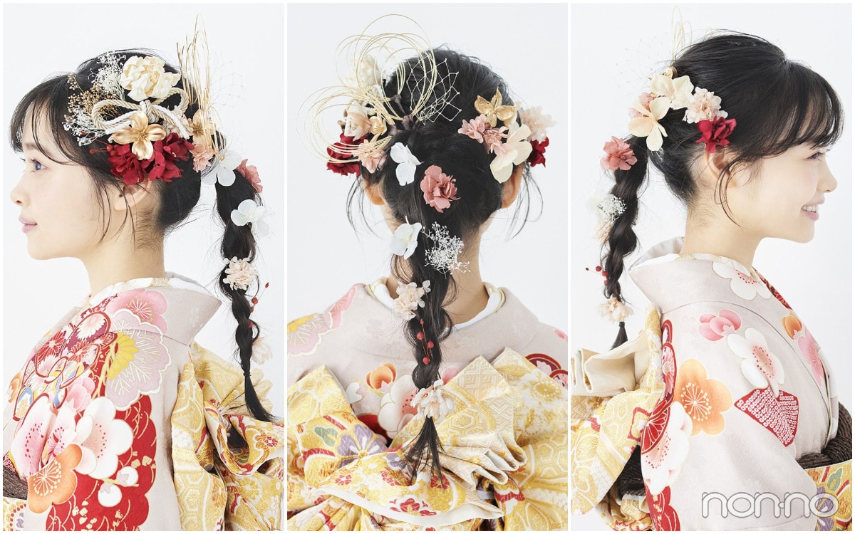 前髪あり三つ編みポニーテールの右向きサイド左向きサイド後ろ姿　成人式ロングヘアアレンジ